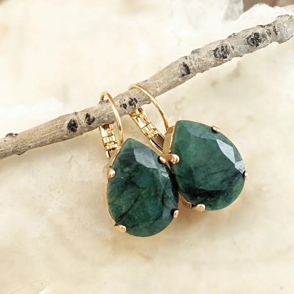 29.0 Total Carats Natural Emerald Rough Cut  In Drop 18k Gold Plated Earrings